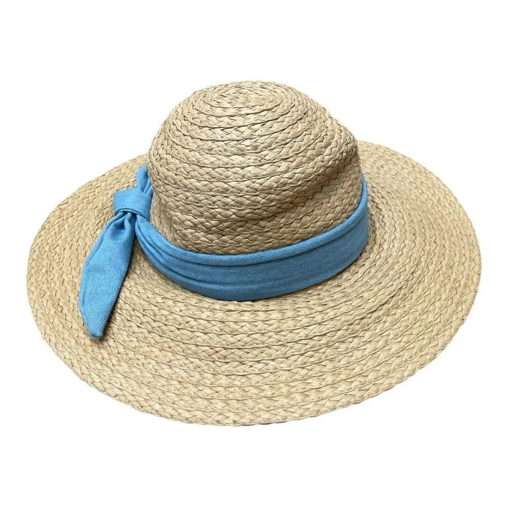 Vince Camuto Tan Straw Sun Hat with Blue Ribbon Size S/M
